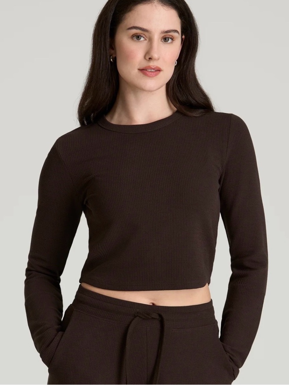 Ribbed Long Sleeve Crewneck Top in Warm Brown for Tall